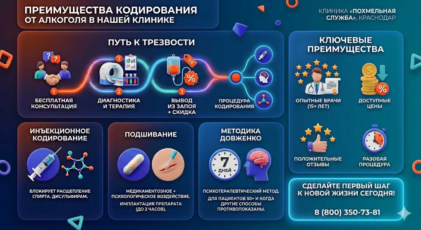 Инфографика о методах кодирования от алкоголя в Сергиевом Посаде: инъекции, подшивание, метод Довженко. Преимущества клиники и этапы лечения.